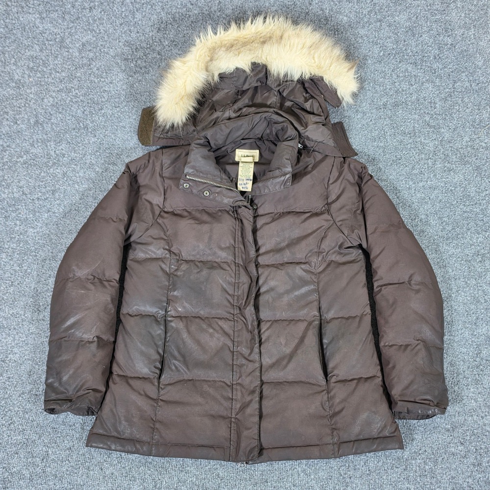 Y2K LL Bean Womens Brown Goose Down Puffer Jacket Faux Fur Hood Small Fall